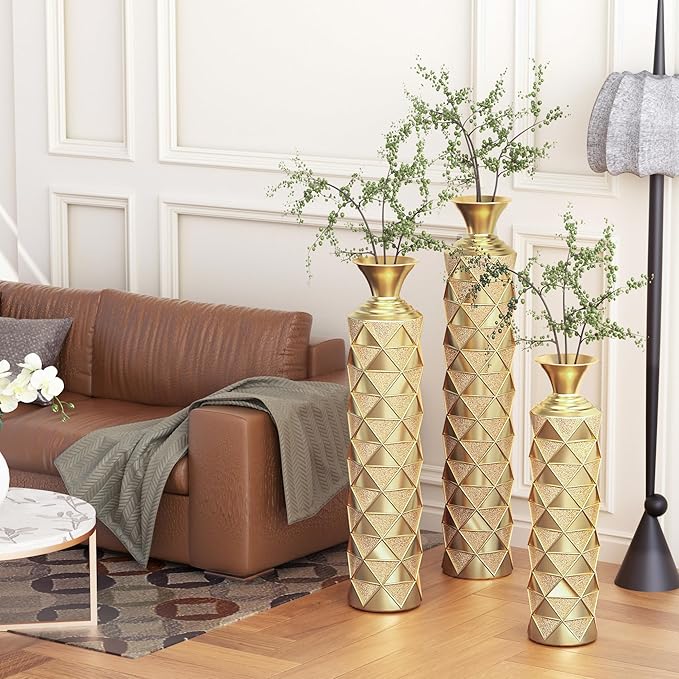 Floor Oversized Gold Metal Decorative Vase with 3D Triangle Pattern Set of 3 Large Vases for Home Living Room 33.5 ", 29.5 ", 25.2" High (Antique Gold)