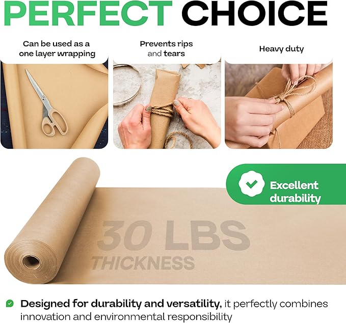 Brown Kraft Paper Roll 36" x 2160" (180 feet), Pack of 2 - USA-Made Brown Packing Paper 30lb Thickness for Moving, Shipping, Crafts/Arts - 100% Recycled Natural Wrapping Material by IDL Packaging