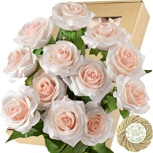 FiveSeasonStuff Fake Roses Wedding Flowers Real Touch Silk Cream Pink Artificial Flowers 12 Stems