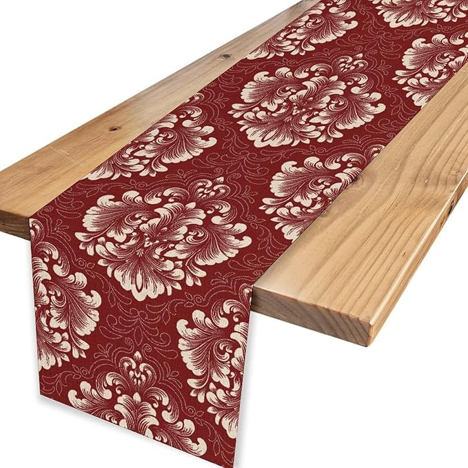 Vintage Damask Table Runner, Red Classical Luxury Old Fashioned Damask Royal Victorian Flora Print Table Center Decor for Family Kitchen Table Decorations Indoor Outdoor 13x90 inch