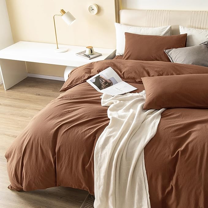 JIYUAN 100% Washed Cotton Duvet Cover Set 3 Pieces Full, 1 Duvet Cover 80x90 Inches(Comforter Not Included) and 2 Pillowcases,Linen Feel Bedding Set Comfy and Breathable,Burnt Orange