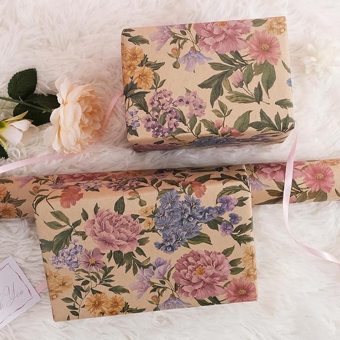 RayofSun Kraft Floral Wrapping Paper Roll 17 in x 16.5 ft Mini Roll Vintage Pink Peonies Wildflowers Garden Flower Gift Wrap Paper for All Occasion Wedding Birthday Bridal Shower Party Christmas