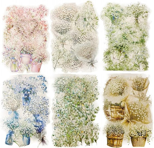 TIAMECH Studded Flowers PET Stickers - 60 Pcs Gypsophila with Stars Design, Waterproof Sticker for Journaling & Scrapbooking, Junk Journal Supplies, Ephemera & DIY Crafts