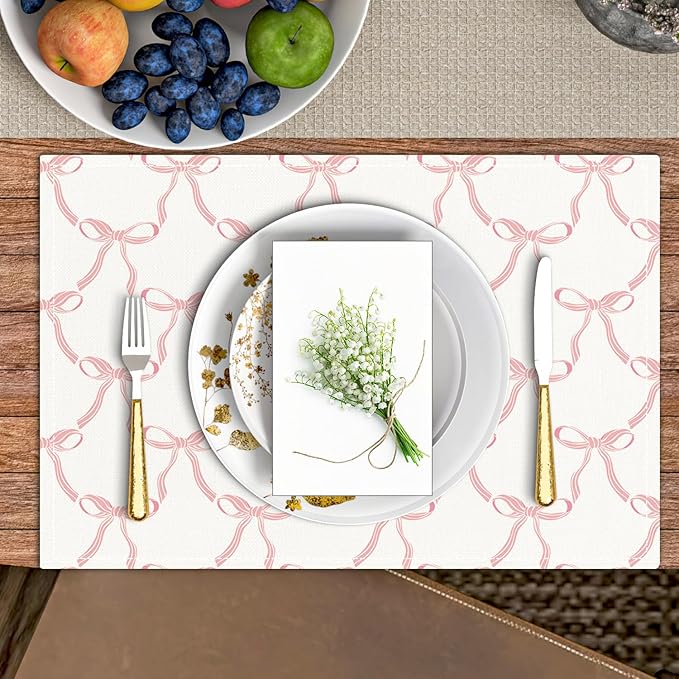 Placemats Set of 4, Pink Bow Table Mat for Home Kitchen, Restaurants, Outdoor Linen Washable Place Mats 12x18 inch Party Event Dining Decoration-06