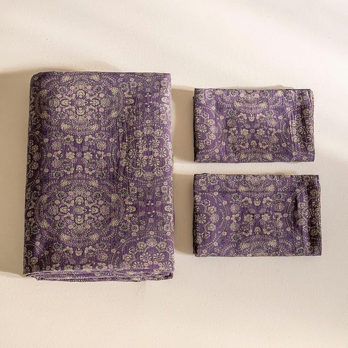 VM VOUGEMARKET Jacquard Flower Duvet Cover Twin,Purple Green Floral Duvet Cover Set Yarn-Dyed Cotton Boho Medallion Bedding Set,Retro Reversible Duvet Cover with Zipper Ties