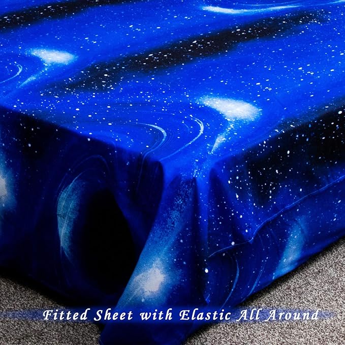 Bedlifes Galaxy Outer Space Sheet Set, Galaxy Themed, 3 pcs Including Flat Sheet, Fitted Sheet, and 1 Pillowcase (Light Blue Twin)