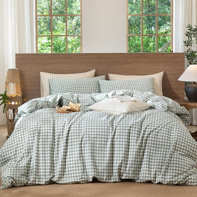 MooMee Gingham Duvet Cover Set 100% Washed Cotton Linen Like Textured Breathable Durable Soft Comfy Modern Checkered Design (Sage Green Gingham, Super King 108"x98")