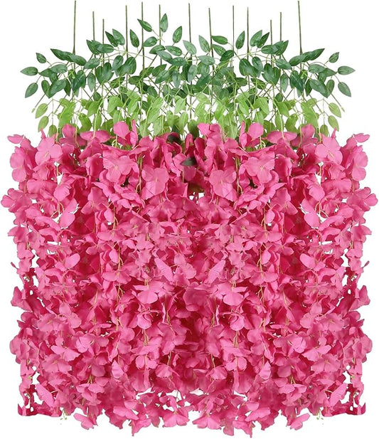 12PCS Artificial Wisteria Hanging Flowers 3.6ft Rose Red Fake Hanging Flowers Garland Silk Flowers Rattan String Faux Wisteria Vine for Garden Home Wedding Arch Decor (Rose Red)