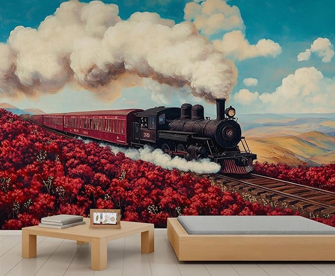 Vintage Train Wall Mural, Steam Engine Landscape 3D Wall Murals, Train Through Flower Field Wallpaper Mural, for Living Room Bedroom Large Wallpaper Indoor Decor 137.8" W x100 H