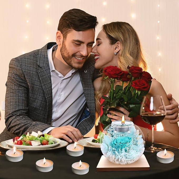 Christmas Birthday Gifts for Women Preserved Roses in Glass Dome with Scented - Romantic Preserved Flower for Women, Girlfriend, Wife, Mom, Grandma, Sister, Her-Cyan