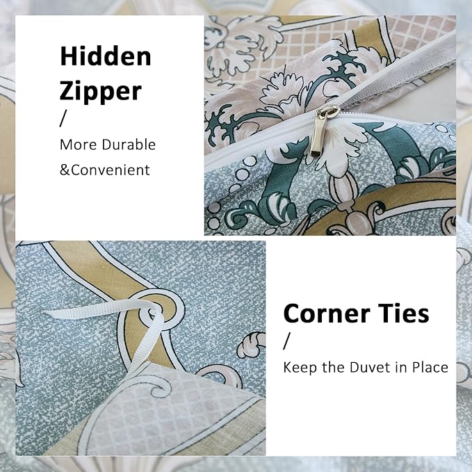 100% Natural Cotton Duvet Cover Set King 3 Pcs Grayish Blue Duvet Cover with Luxurious Damask Pattern, Reversible Breathable Soft Comforter Cover Sets with Zipper Closure All Season
