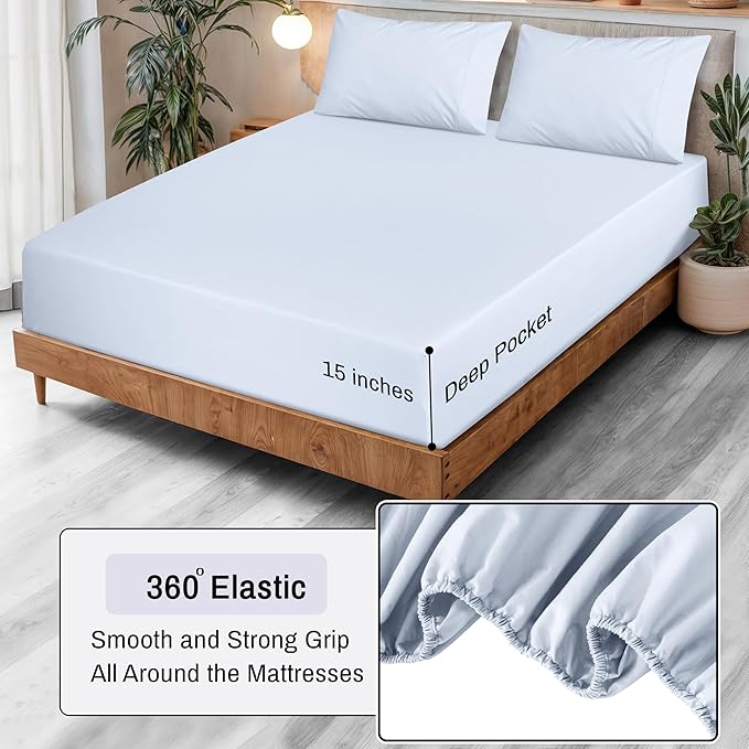 RUVANTI 100% Organic Cotton Sheets Split King, Percale Weave, GOTS Certified, 5-Piece Set, Deep Pocket 15", Crisp & Breathable, Soft Durable Bedding, Sábanas Algodón Orgánico – Arctic Ice