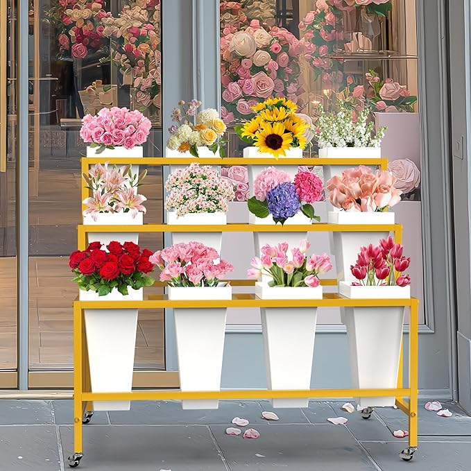 Flower Display Stand with 12 Buckets, Flower Cart 3 Layers Gold Metal Flower Bar Stand with Wheels, Moving Florist Bouquet Shelf for Weddings Florist Indoor Outdoor Patio Garden Living Room