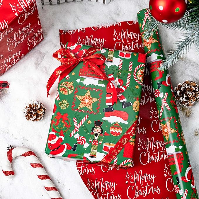 MAYPLUSS Christmas Nutcracker Wrapping Paper Roll - 17 Inch X 33 Feet - Metallic Gift Wrapping Paper Christmas Tree Holly Santa Claus Candy Cane Reversible Snowflakes for Holiday Party New Year Kids