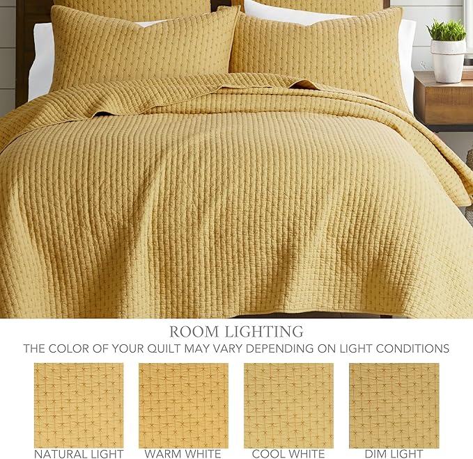 Levtex Home Cross Stitch Reversible Full/Queen Quilt Set (88x92in) with 2 Pillow Shams (26x20in) - Stitch Texture - Ochre - Cotton Full/Queen Size Quilt Bedding Set - Lightweight, Soft, Pre-Washed