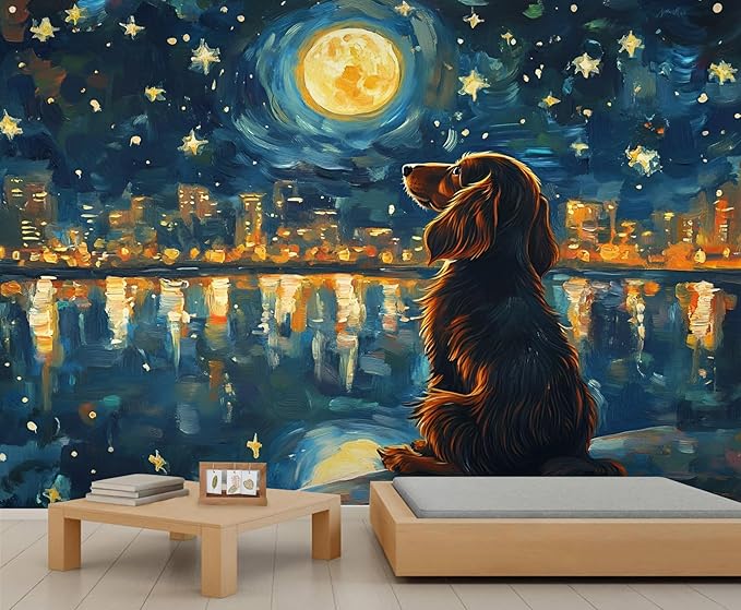 KIREUPA Dog and Moon Night Sky Wall Mural, Starry Night Cityscape 3d Wall Murals, Nighttime Dog Reflection Wallpaper Mural, for Living Room Bedroom Large Wallpaper Indoor Decor 59" W x39.4 H