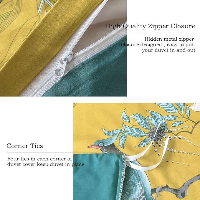 EAVD Vintage Garden Botanical Flower Cute Birds Pattern Duvet Cover King Cotton Yellow Chic Floral Tree Branches Printed Bedding Set with 2 Pillowcases Gorgeous Flower Duvet Cover with Zipper Closure