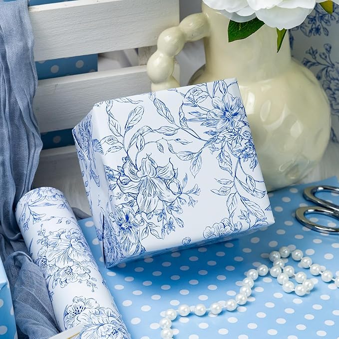 Burymento Blue and White Porcelain Flower Wrapping Paper, Reversible Blue Dot Design Gift Wrap for Baby Shower, Birthday, Valentines, Mothers day, Graduation, Wedding, Fathers day, Christmas (17 Inch X 32.8 Feet)
