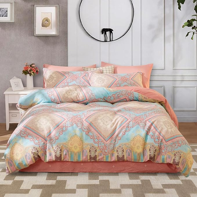 SAPHREAS Twin Size Bohemian Duvet Cover Set 2pcs Pink Cotton Boho Bedding Comforter Cover Set Blue 1 Duvet Cover 1 Pillow Sham