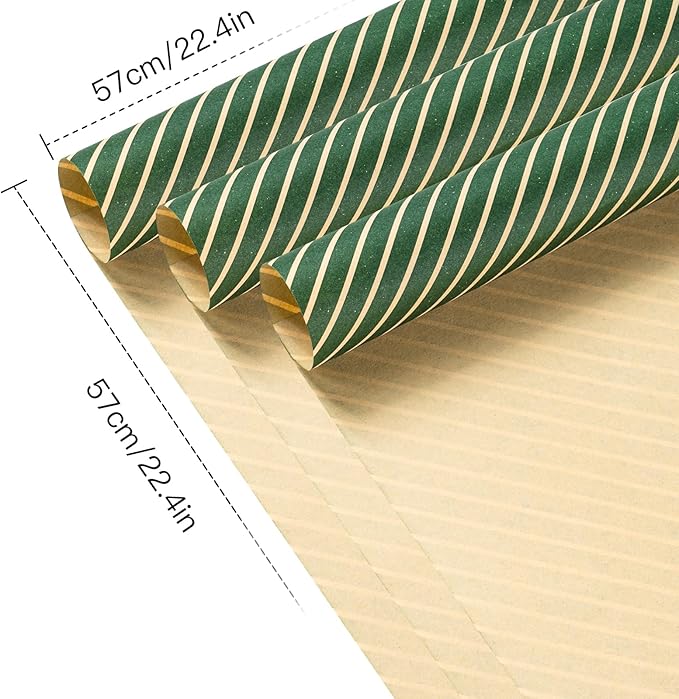 LeZakaa 20 Sheets Kraft Stripe Flower Wrapping Paper, Green Diagonal Stripes Floral Bouquet Paper for Christmas, Valentines, Mothers Day, Party, Birthday, Wedding, Baby Shower