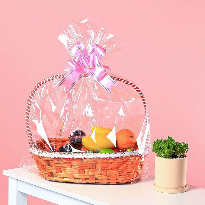UltraOutlet 50 Packs Large Cellophane Bags 18" x 24" Clear Cellophane Gift Basket Wraps 2.3 Mil Thick Clear Cello Bags for Fruit Basket, Gift Wrap, Treats, Arts and Crafts, 50ct Ribbon Bows