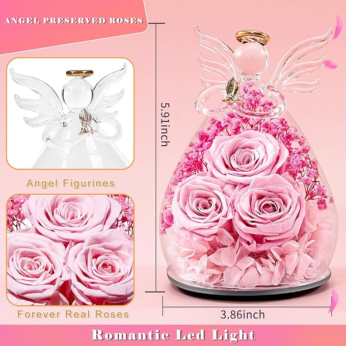 Beferr Christmas Birthday Gifts for Women, Mom Gifts for Christmas Fresh Flowers for Delivery Prime Forever Preserved Rose in Glass Angel Figurine Xmas Gifts for Grandma Wife Sister Her, Pink