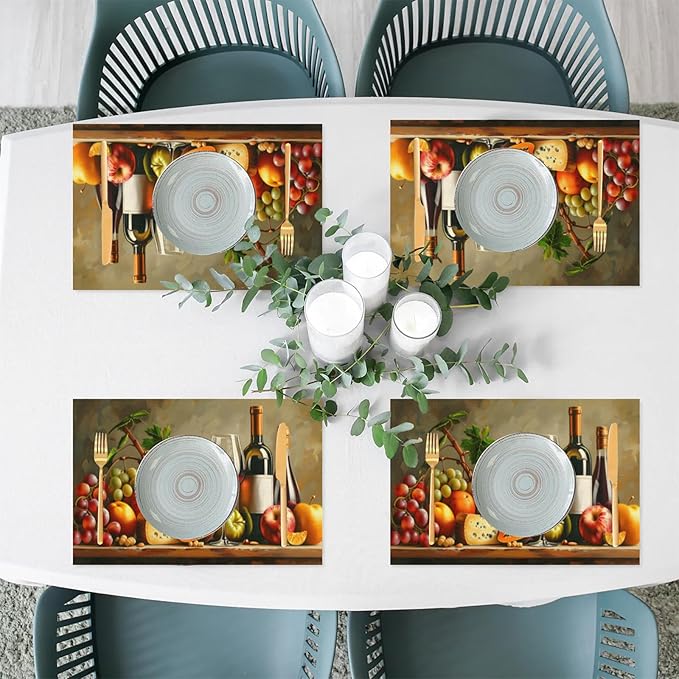 Grapes Fruit Wine PVC Placemats Set of 6 Wipeable Table Mats Washable Heat Resistant Non Slip Vinyl Dining Table Mat for Kithen Indoor Outdoor Patio Farmhouse Place Mats Decorative