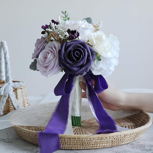ponatia Purple Wedding Bouquets for Bride Bridesmaid, Cream Wedding Artificial Roses Flowers for Wedding Bouquets Ceremony, Anniversary (Purple & Cream)