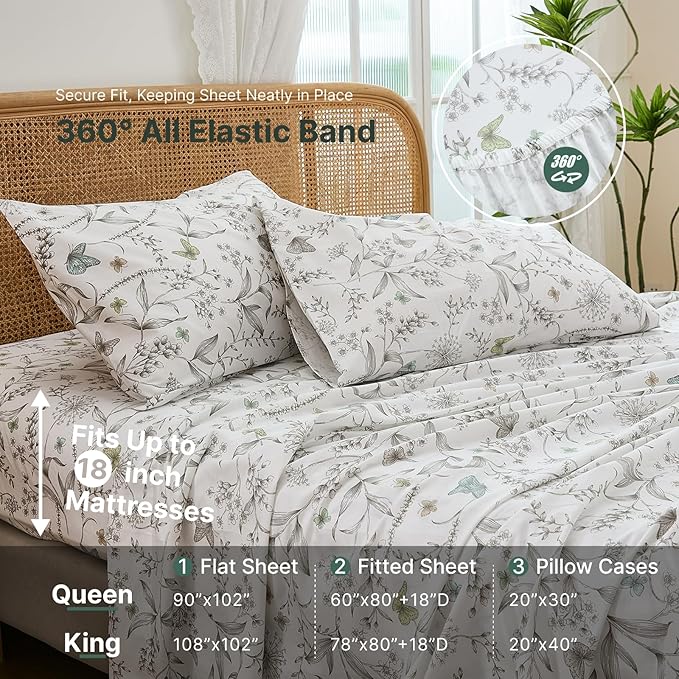 100% Cotton Sheet Set Queen Size – 4-Piece Chic White Floral Bedding Set, Soft Breathable Percale Weave, Deep Pocket Fitted Sheet 17.5", Crisp Cool Feel, Refined Botanical Elegance