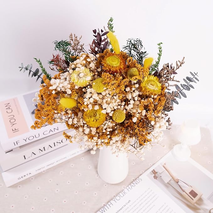Handmade Dried Flower Bouquet – Natural Orange & Yellow Floral Arrangement with Baby’s Breath, Craspedia, and Eucalyptus – Rustic Boho Style for Home Decor, Weddings, Fall Decor