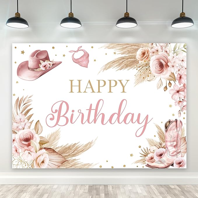 Riyidecor Pink Cowgirl Happy Birthday Backdrop Western Bohemian Pampas Flower 7Wx5H Feet Polyester Fabric Boots Hats Photography Background for Women Girl Table Decor Banner Studio Photo Shoot