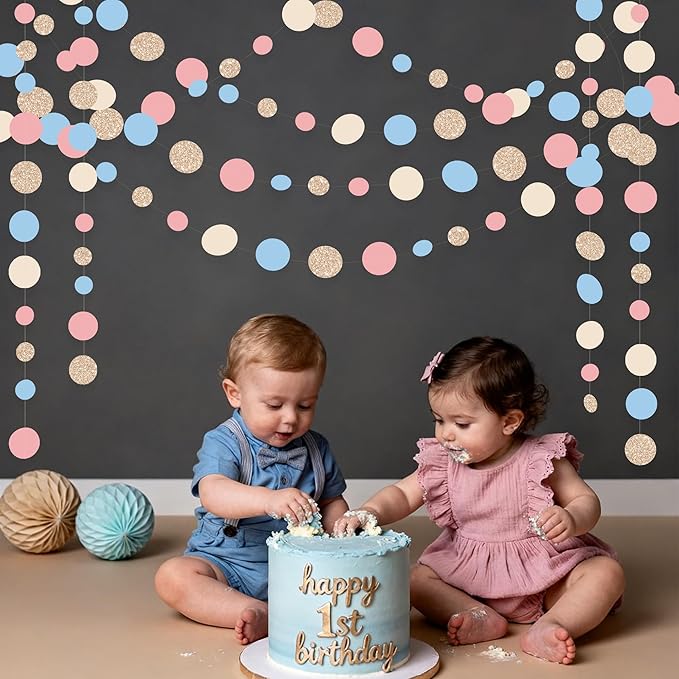 Champagne Gold Dusty Pink Blue Cream Beige Circle Dot Hanging Streamer Polka Dot Garland Banner for Baby Shower Birthday Wedding Bridal Shower Engagement Boho Gender Reveal Party Decorations Supplies