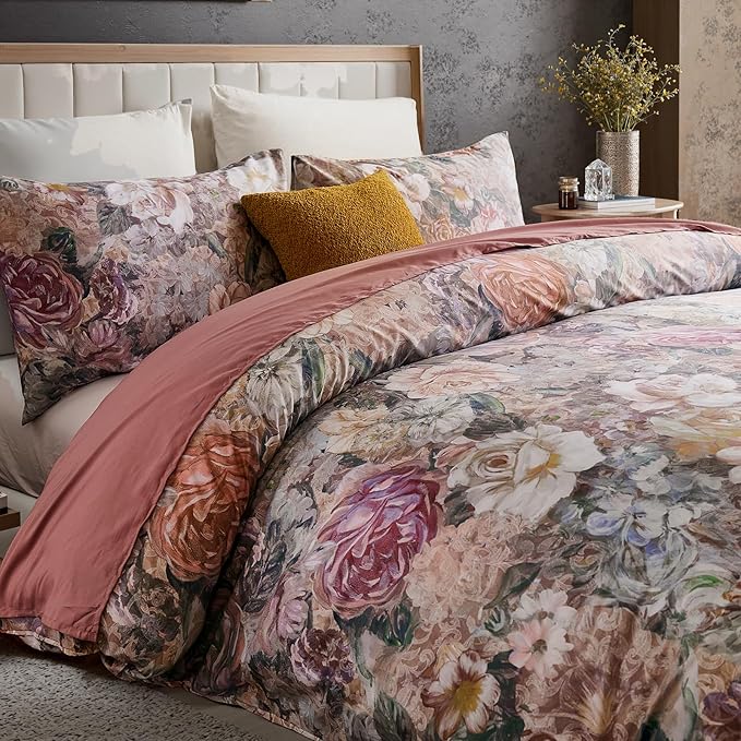 100% Cotton Duvet Cover King Size – Vintage Floral Duvet Cover Set with Zipper Closure & Corner Ties, 3-Piece Luxury & Silky Soft Bedding Set for All Seasons