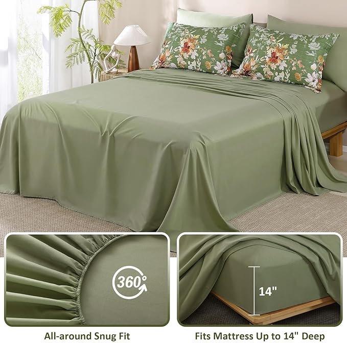 Dobuyly King Size Comforter Set, 7 Pieces Green Floral Comforter Set, Bed in a Bag King with Botanical Flowers Pattern, All Season Farmhouse Bedding Set with Sheets, Pillowcases & Shams