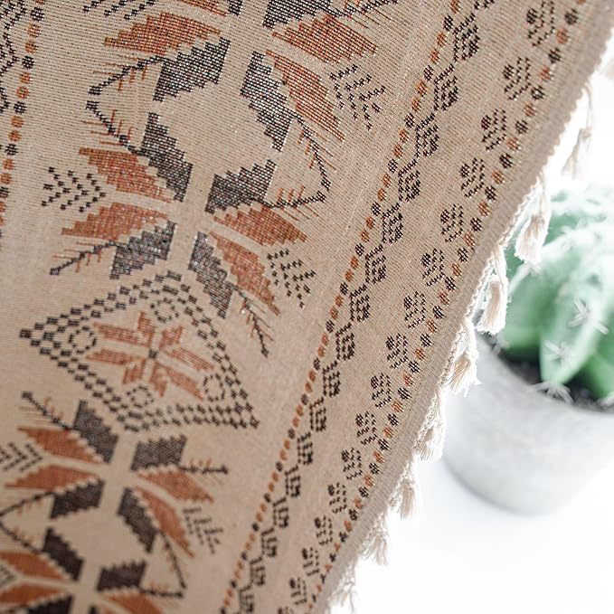 Boho Curtains 96 Inch Length 2 Panels Geometric Patterned Drapes Bohemian Semi Sheer Rod Pocket Tassel Window Curtain Panels for Bedroom Living Room Farmhouse Coffee Brown Vintage Rustic Curtains