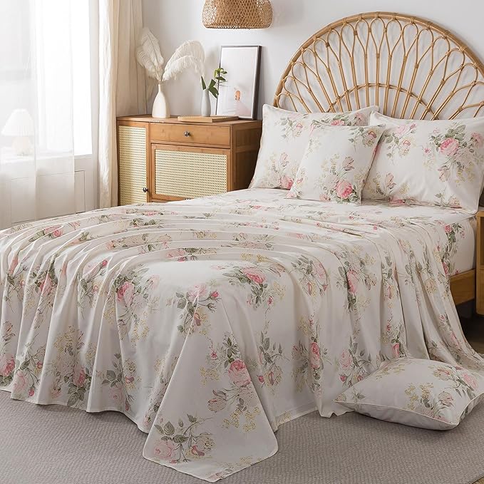FADFAY 100% Cotton Twin Bed Sheet Set, 4 Piece Pink Rose Floral Printed Bedding, Soft Breathable Cooling Sheets with Deep Pocket Fitted Sheet, Flat Sheet & Pillowcases, Vintage Farmhouse All Season