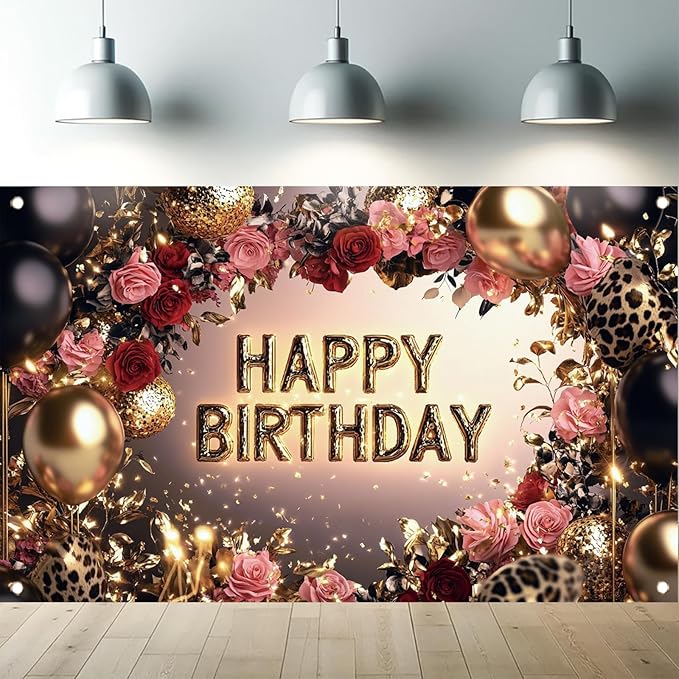Red and Black Happy Birthday Backdrop Banner Gold Balloons Rose Flowers Leopard Print Party Decorations Photography Background Women Girls Birthday Photo Booth Props 71x43 Inch