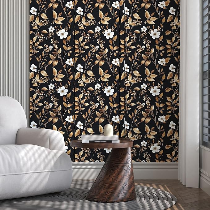 Extra Long Vintage Gold Wallpaper, 17.5" x 393" Classic Black and Gold Floral Self-Adhesive Vinyl Contact Paper for Bedroom, Powder Room, Countertop, Removable Antique Dark Metallic Home Decor