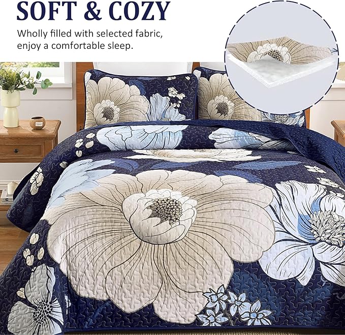Dintszyayue Blue Quilt Set Queen,3 Pieces Floral Bedspreads Lightweight Coverlet Set for All Seasons, Reversible Quilted Printed Bedding Set with 2 Pillow Shams