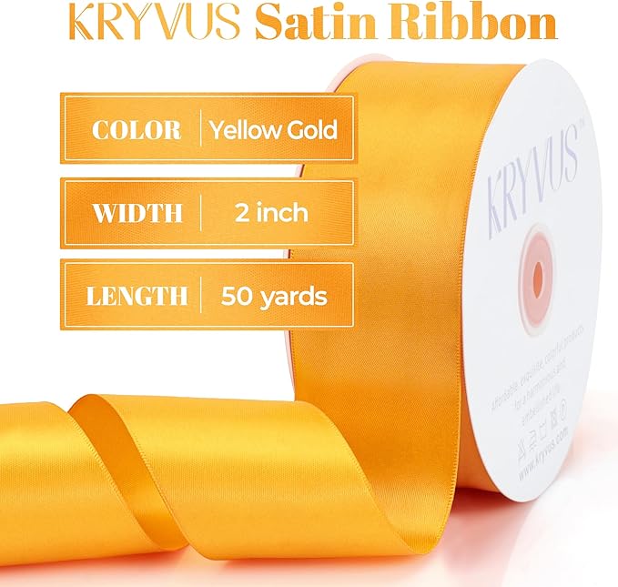 Yellow Gold Satin Ribbon, Double Faced 2 Inch X 50 Yards Yellow Gold Ribbon, Premium Satin Ribbon for Gift Wrapping, Crafts, Hair Bow Making, Sewing, Flower Bouquet, Wedding Party Decor