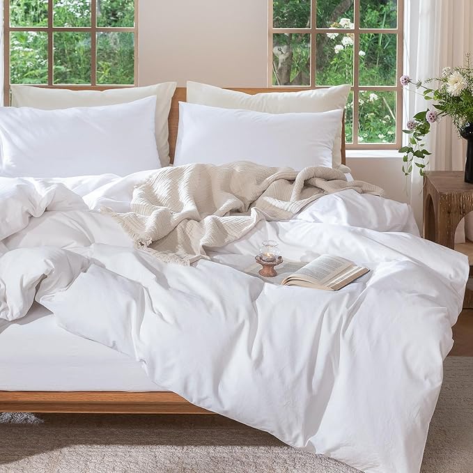 MooMee Bedding Duvet Cover Set 100% Washed Cotton Linen Like Textured Breathable Durable Soft Comfy (Solid Bright White, Super King Plus 120"x120")