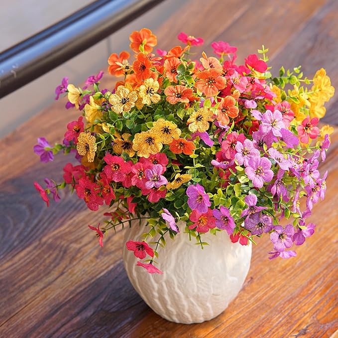 Artificial Flowers for Outdoor,No Fade Fake Plastic Flowers Faux Plants for Decoration Hanging Planters Indoor Outside Garden Porch Window Box Home Wedding Farmhouse,10 Bundles (Rose red - Purple)