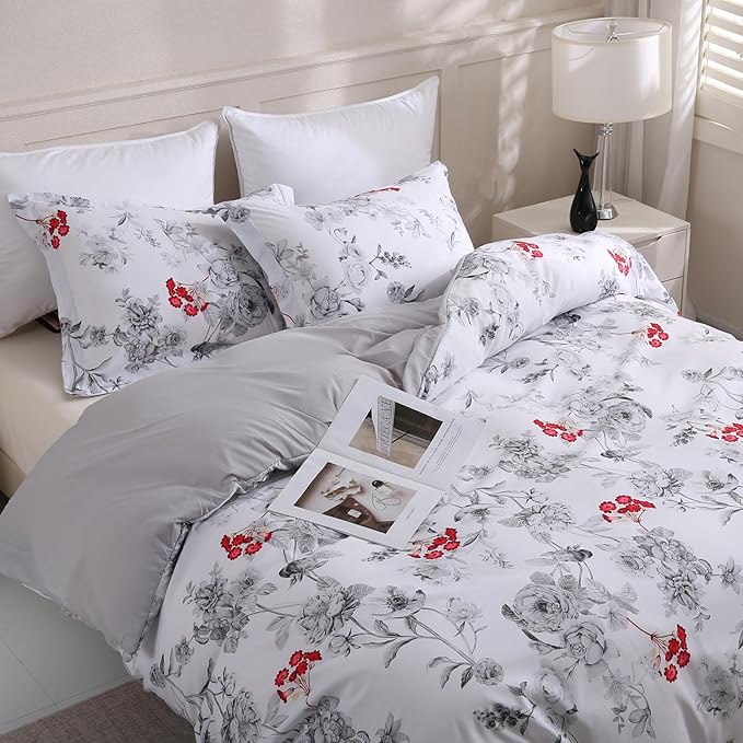 LONAVA King Flower 3 Pcs Duvet Cover Set, Breathable Soft Microfiber White Lining Comforter Cover with Zipper Closure, and 2 Anti-Pilling, Fade Resistant Pillowcases, Gothic Rose