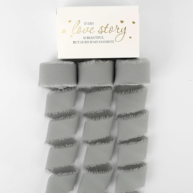 MEEDEE Silver Chiffon Ribbon 1 Inch Frayed Ribbons Gray Chiffon Silk Grey Fringe Ribbon Thin Chiffon Ribbons for Crafts, Gift Wrapping, Wedding Invitation (3 Rolls 21 Yards)
