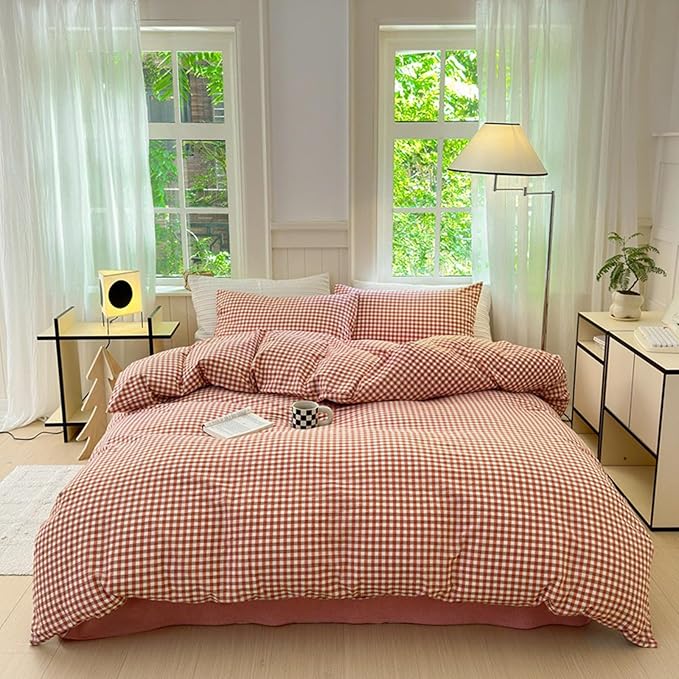 LifeTB Queen Comforter Set Modern Style Red Orange Gingham Comforter Lightweight Plaid Checkered Pattern Comforter Soft Fluffy Gingham Bedding Set Farmhouse Grid Plaid Comforter Set Queen