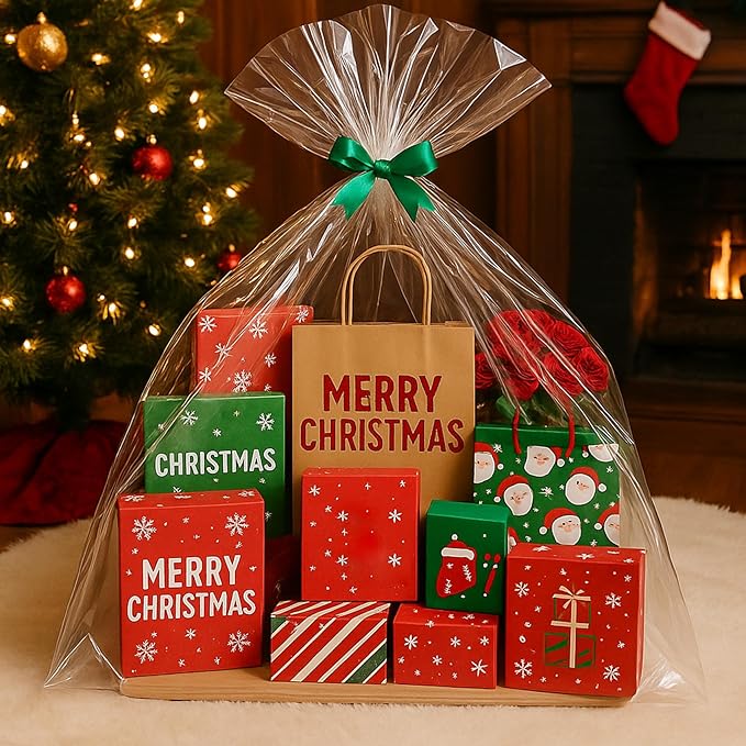 Morepack Extra Large Cellophane Bags for Gift Baskets 50x60 Inches,Jumbo Big Clear Cellophane Bags 10 Pieces