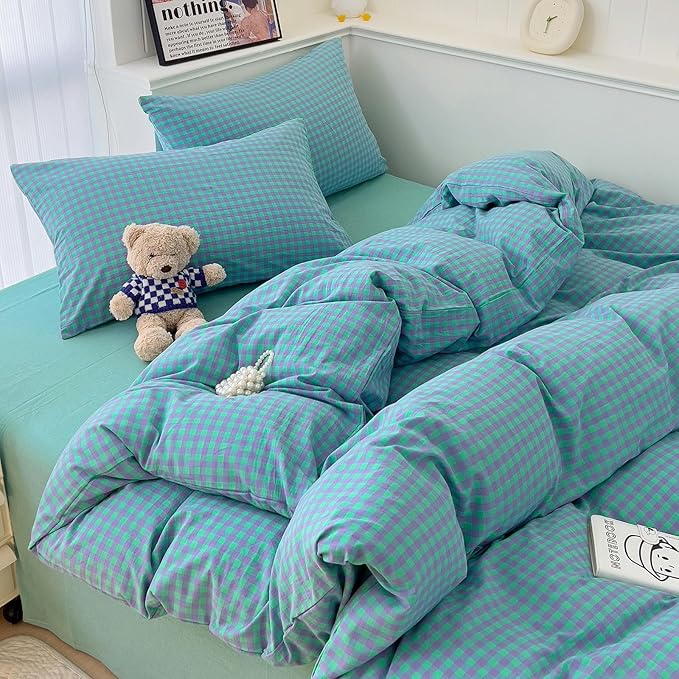 LifeTB Green Gingham Comforter Set Full Modern Style Green Purple Plaid Comforter Set Fluffy Soft Farmhouse Gingham Bedding Comforter 3 Pieces Grid Checkered Pattern Comforter with 2 Pillowcases