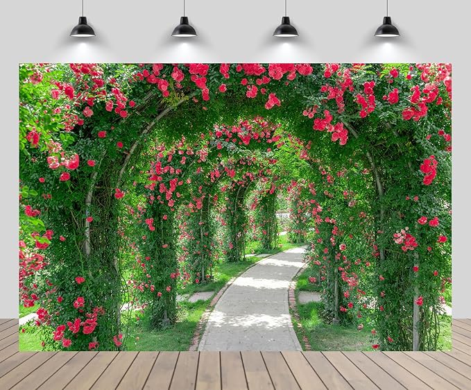 17ftx10ft Spring Flower Garden Backdrop Blossoms Flower Arch Garden Architecture Pillars Blooming Flowers Garden Path Photo Background Outdoor Wedding Portraits Photo Studio Props Wallpaper