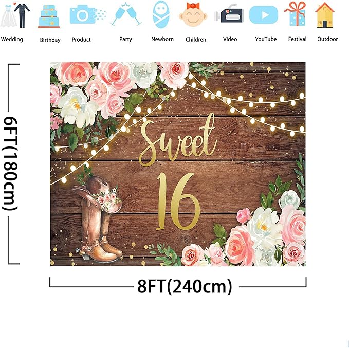 SVBright Sweet 16 Happy Birthday Backdrop 8Wx6H Cowgirl Western Rustic Country Wooden Plank Watercolor Pink Flower Floral Boots Farmhouse Decorations Photography Background Banner Photo Booth Studio
