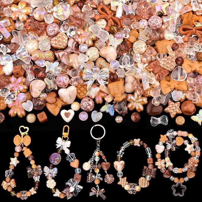 Assorted 200-260PCS Brown Acrylic Beads for Bracelet Making, Flower Bow Candy GummyBear Bracelet Charms,Cute Beads for Jewelry Making DIY Necklace Keychain Phone Charm Christmas Gift